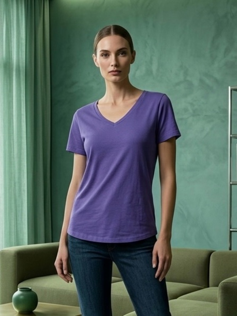 Just My Size Short Sleeve V-Neck Tee in Purple